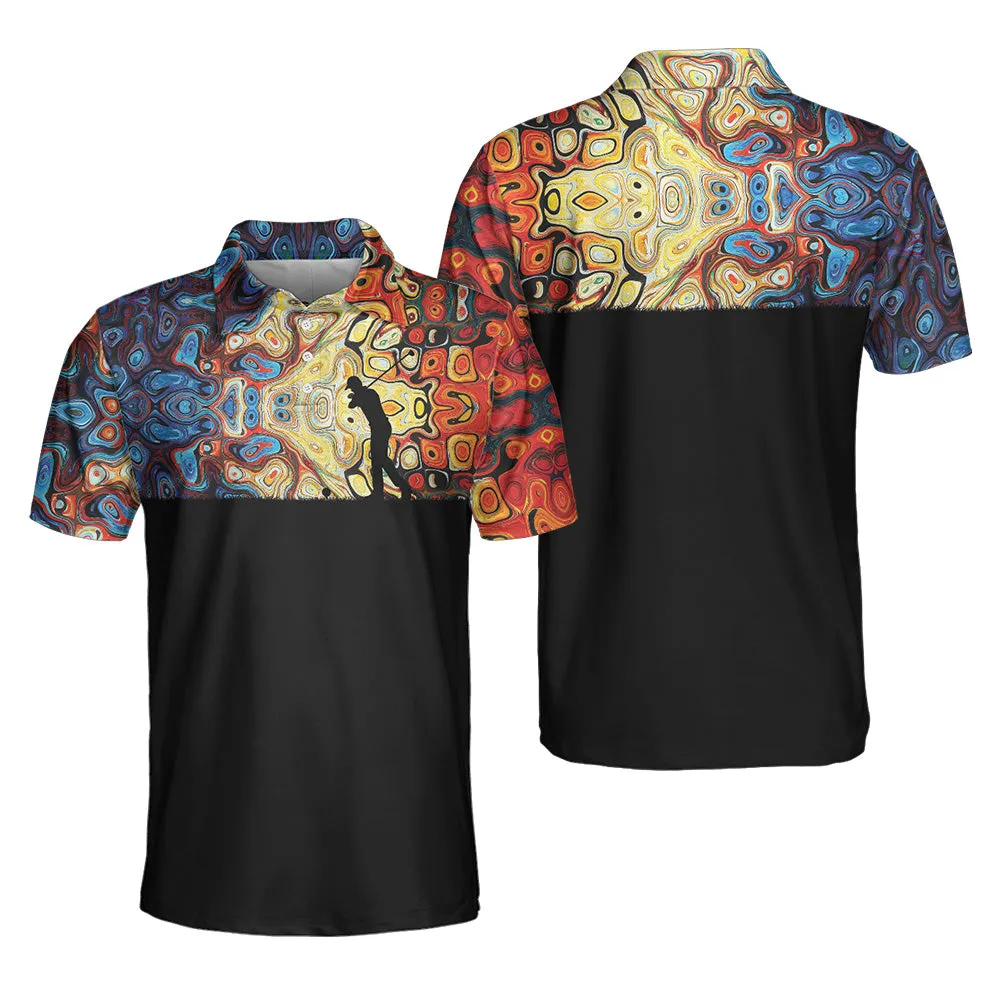 Golf Silhouette With Sky Wavy Abstract Seamless Pattern Polo Shirt, Black Golf Shirt For Men Coolspod