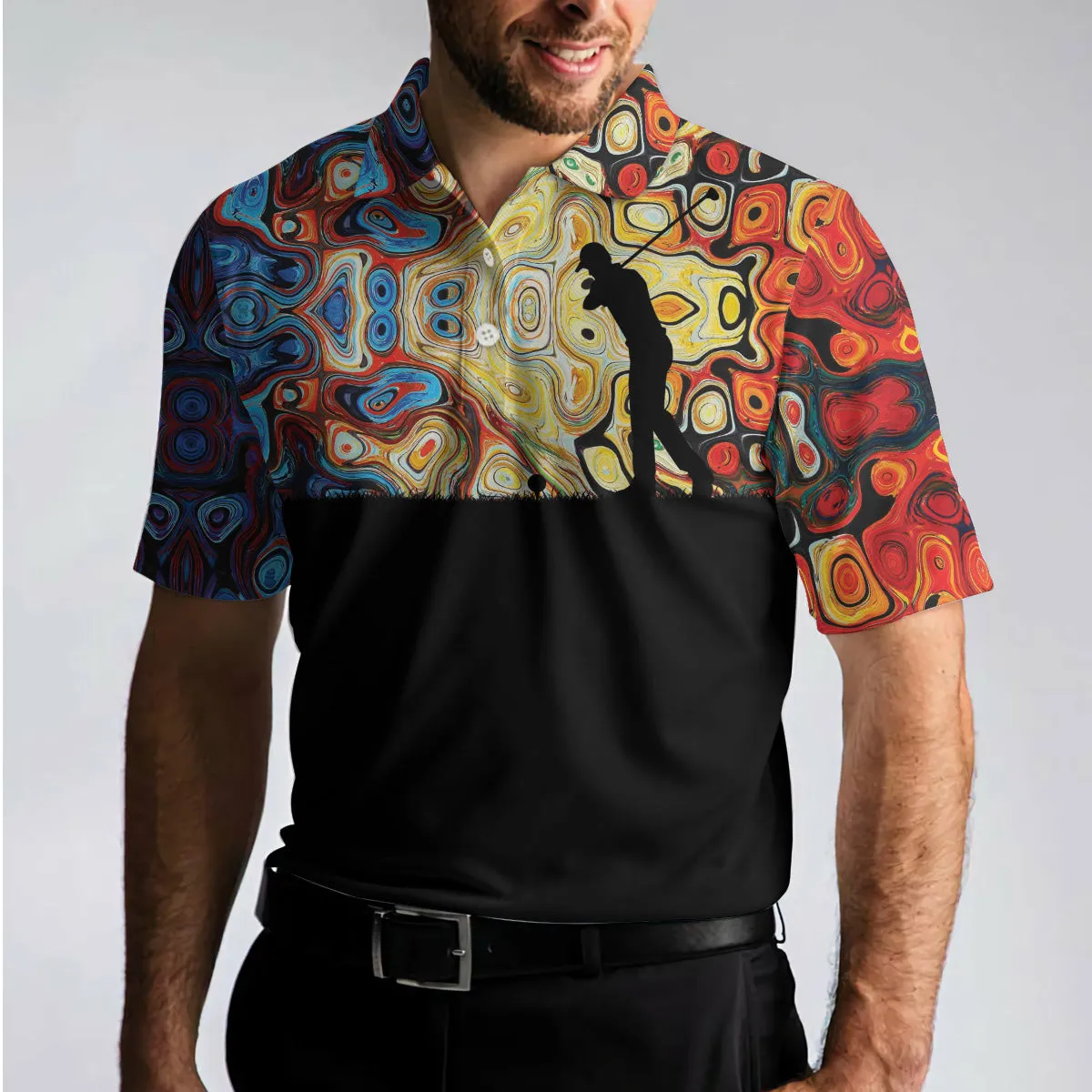 Golf Silhouette With Sky Wavy Abstract Seamless Pattern Polo Shirt, Black Golf Shirt For Men Coolspod