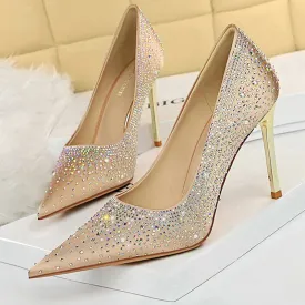 Graduation Gift Shoes Sparkle Rhinestones Women Pumps Luxury High Heels Satin Women Shoes Fashion Wedding Shoes Metal Heel Stiletto 2023