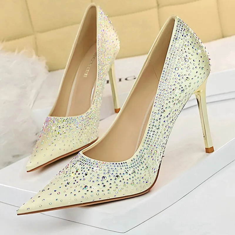 Graduation Gift Shoes Sparkle Rhinestones Women Pumps Luxury High Heels Satin Women Shoes Fashion Wedding Shoes Metal Heel Stiletto 2023