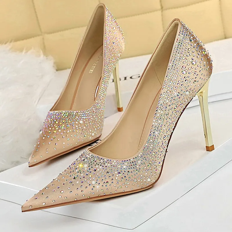 Graduation Gift Shoes Sparkle Rhinestones Women Pumps Luxury High Heels Satin Women Shoes Fashion Wedding Shoes Metal Heel Stiletto 2023