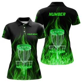 Green Fire Flame Disc Golf Basket Polo Shirts Custom Disc Golf Shirts For Women Golf Gifts