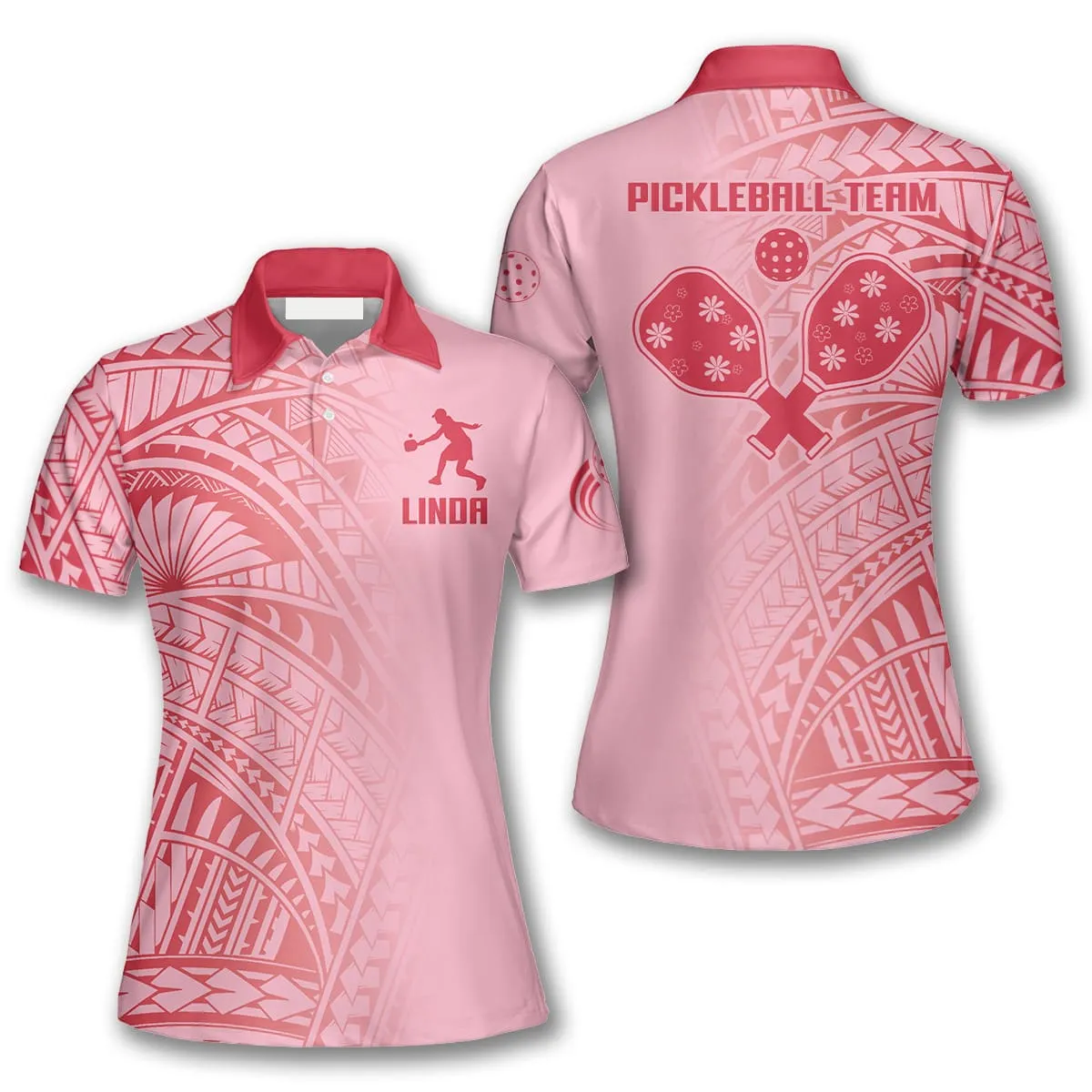 Grey And Pink Tribal Pickleball Custom Name Polo Shirts For Women