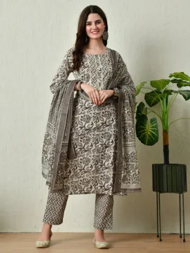 Grey Printed Kurta Pant With Dupatta Set