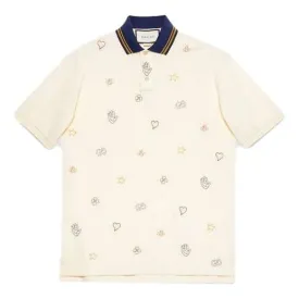 GUCCI Logo Embroidered Cotton Short-Sleeved Polo Shirt For Men White, ivory