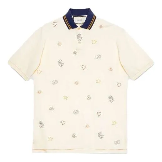 GUCCI Logo Embroidered Cotton Short-Sleeved Polo Shirt For Men White, ivory