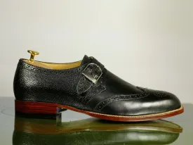 Hand Painted Black Monk Strap Brogue Toe Men's Fashion Shoes