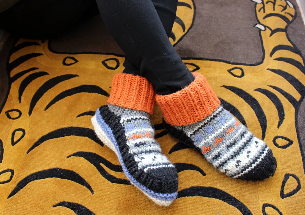 Handknitted Orange and Grey Multicolor Woolen Socks