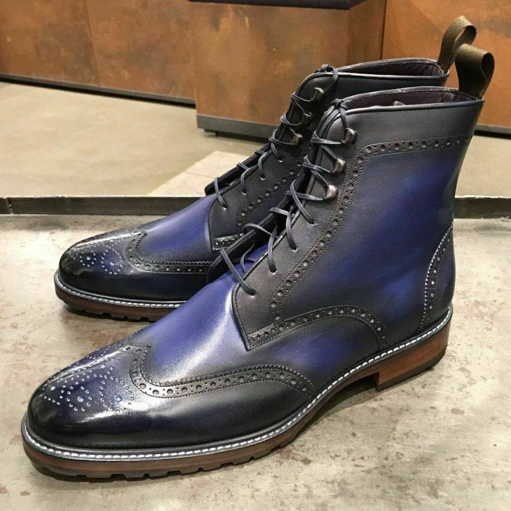 Handmade Ankle High Two Shaded Blue Boot, Wing Tip Lace Up Boot For Men's