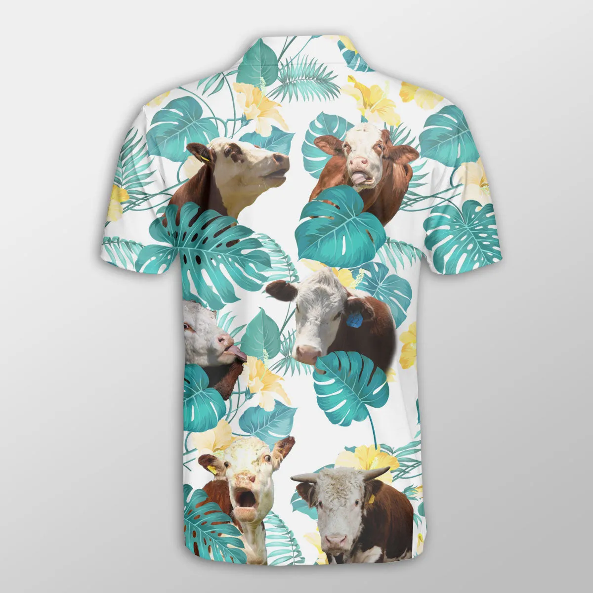 Hereford In Tropical Leaves Pattern Button Polo Shirt, Idea Shirt for Cow Farmer