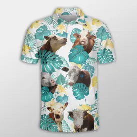 Hereford In Tropical Leaves Pattern Button Polo Shirt, Idea Shirt for Cow Farmer