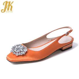 JK Famous Brand Women Pumps Satin Summer Buckle Back Strap Handmade Shoes Women Square Heel Crystal Silk Square Toe Footwear