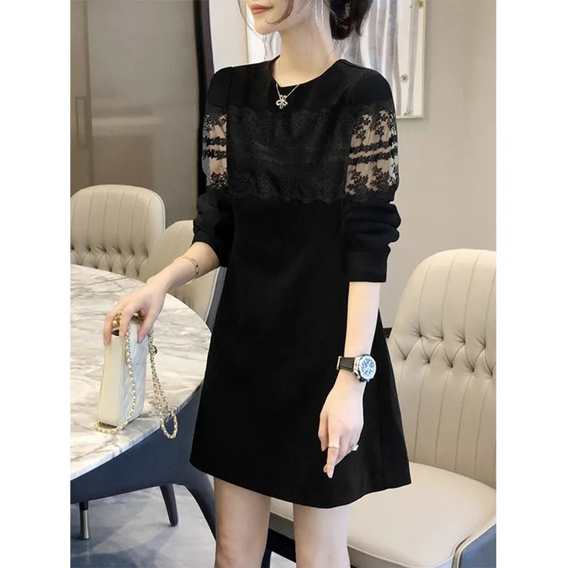 Lace Medium Sleeve Cropped Round Neck Patchwork Dress