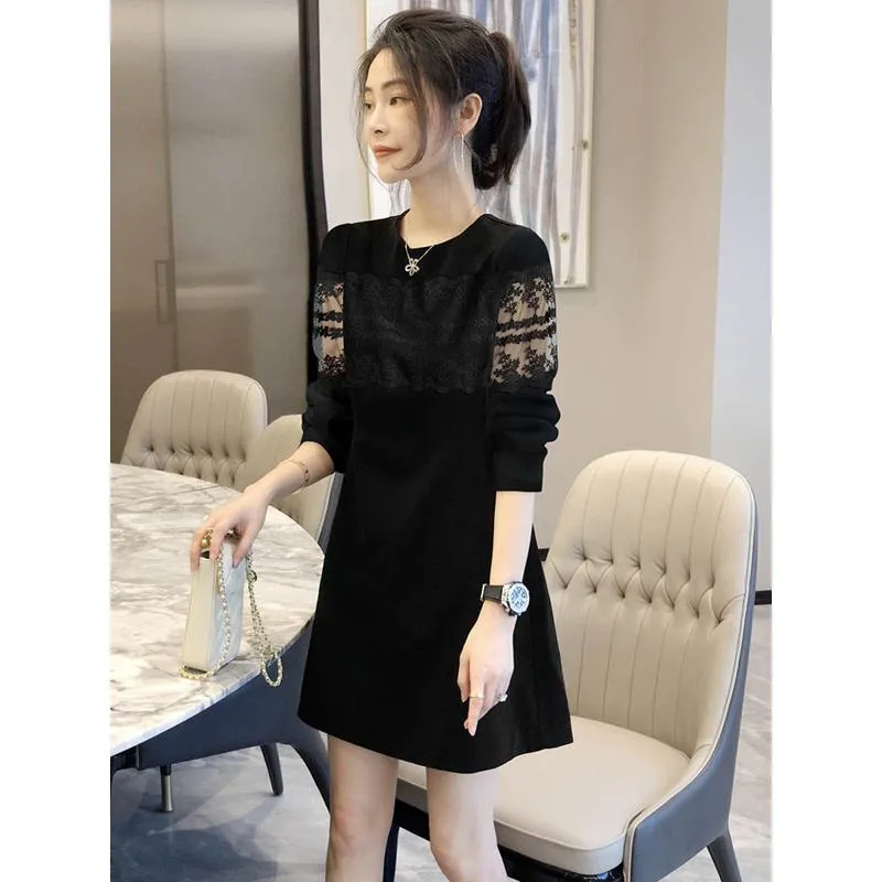 Lace Medium Sleeve Cropped Round Neck Patchwork Dress