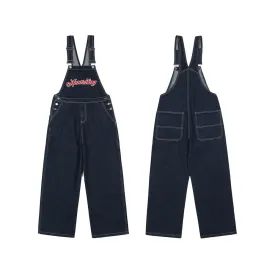 Letter Embroidery Denim Suspender Pants Men