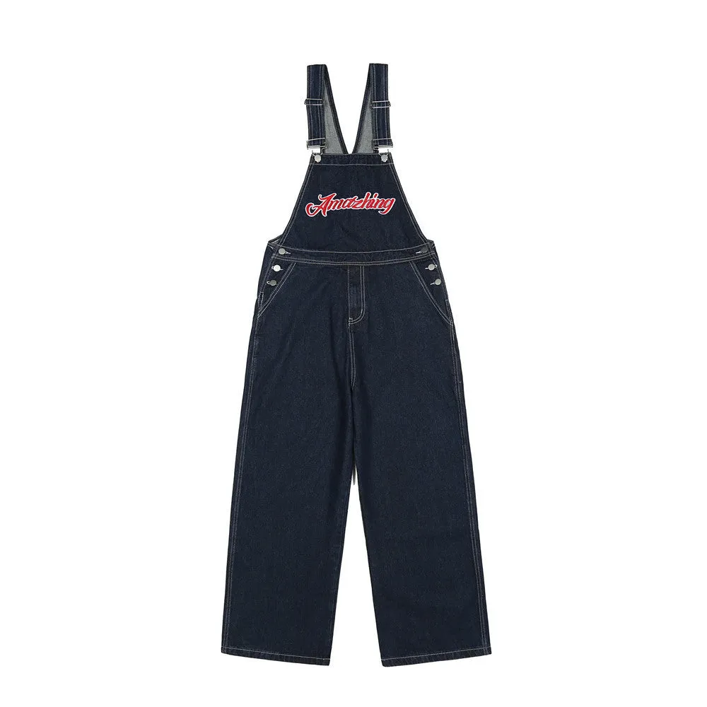 Letter Embroidery Denim Suspender Pants Men