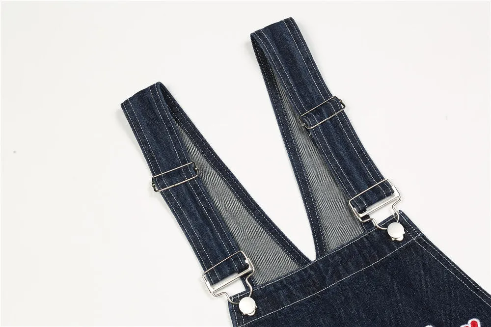 Letter Embroidery Denim Suspender Pants Men