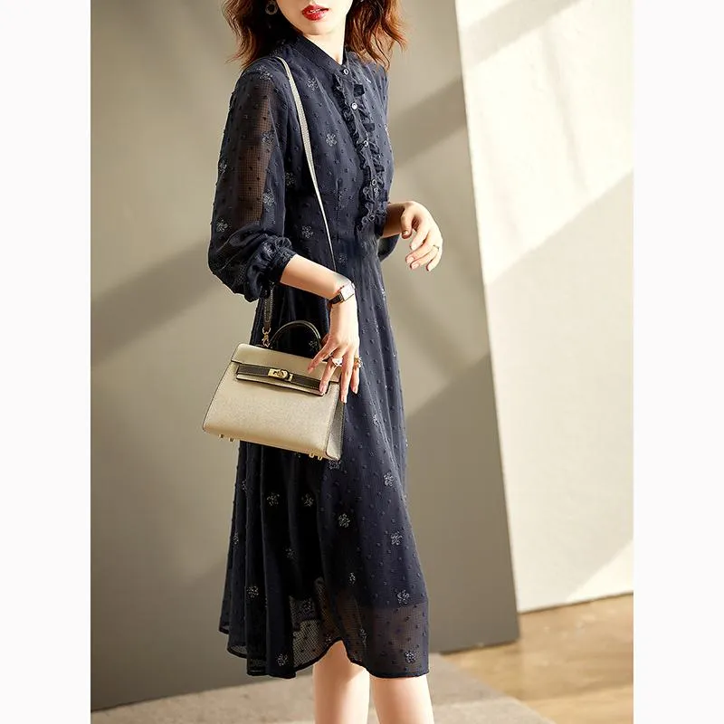 Light Elastic Button Jacquard V-Neck Dress