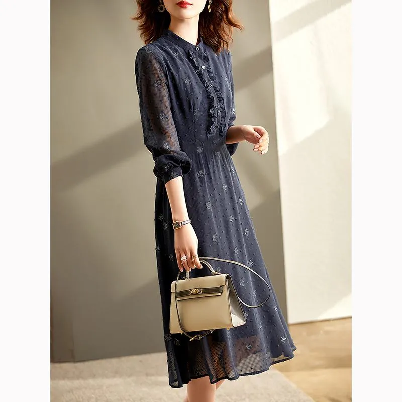 Light Elastic Button Jacquard V-Neck Dress