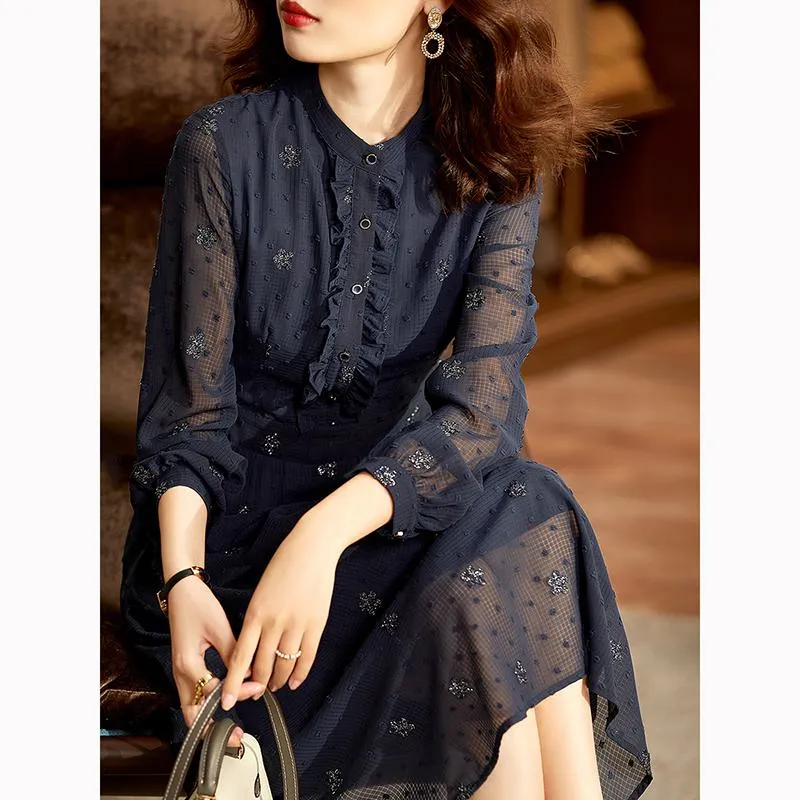 Light Elastic Button Jacquard V-Neck Dress