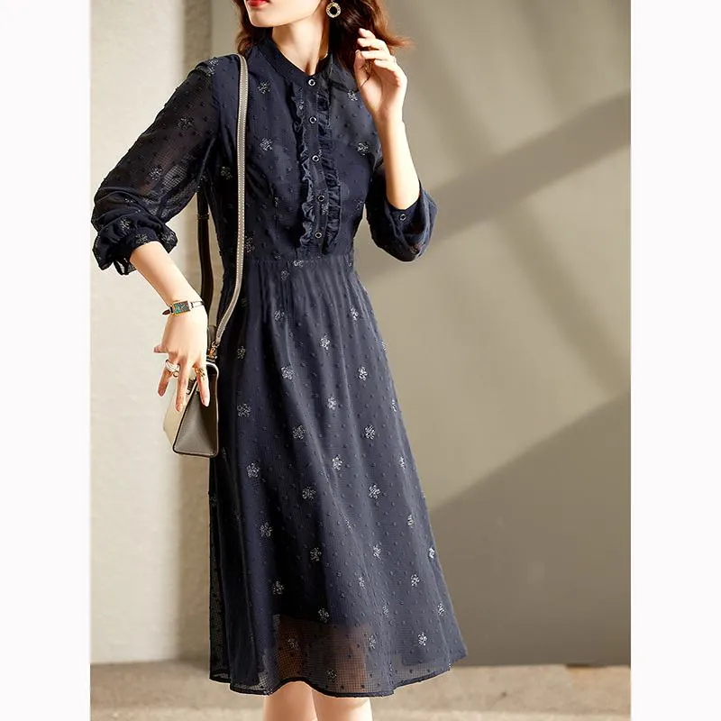 Light Elastic Button Jacquard V-Neck Dress