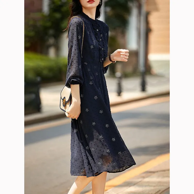 Light Elastic Button Jacquard V-Neck Dress