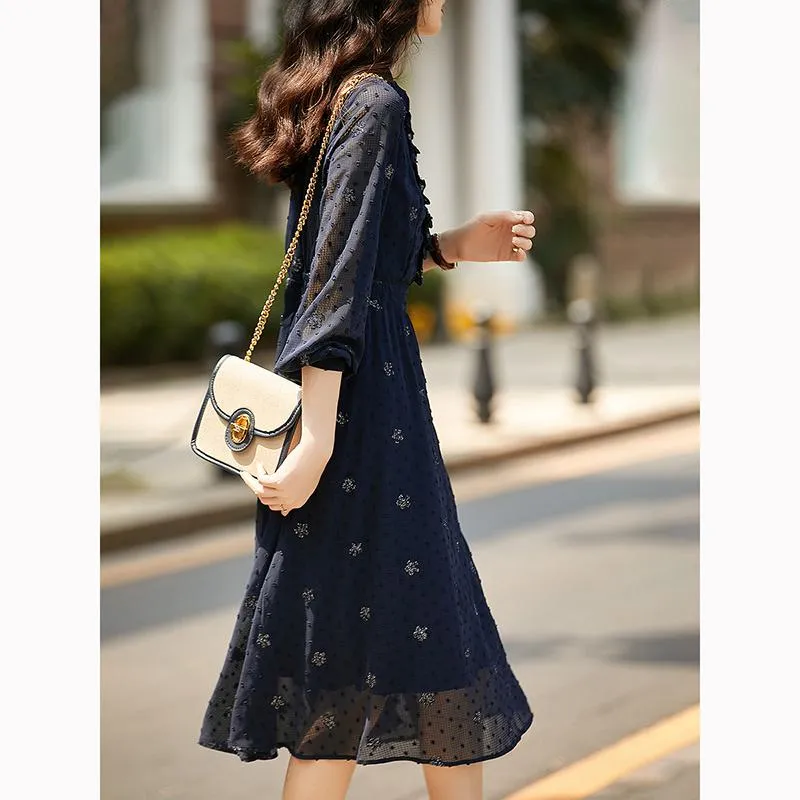 Light Elastic Button Jacquard V-Neck Dress