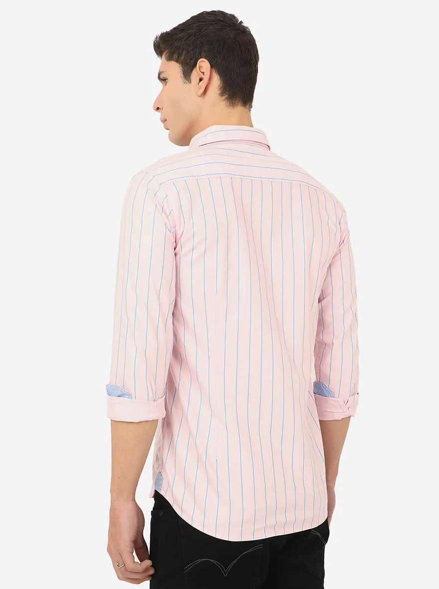 Light Pink Striped Slim Fit Semi Casual Shirt | JadeBlue