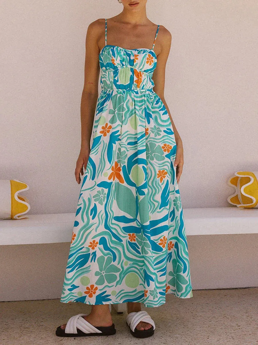 Long Beach Dress Elegant Sleeveless Spaghetti Strap Ruched Bust Floral Print Midi Casual Women's Dress