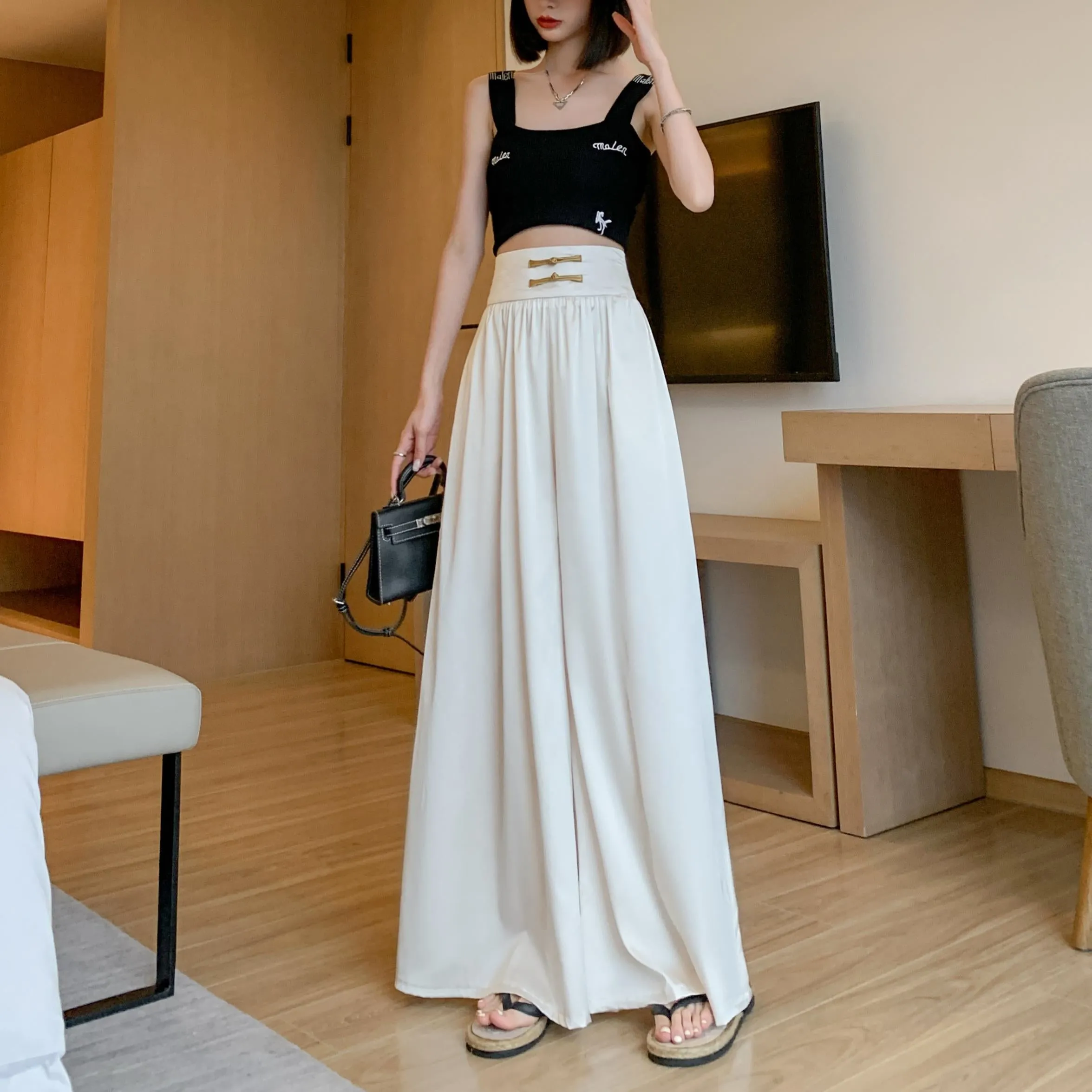 Loose Fit Floor-Length High-Waisted Thin Satin Finish Draping Flare Leg Pants