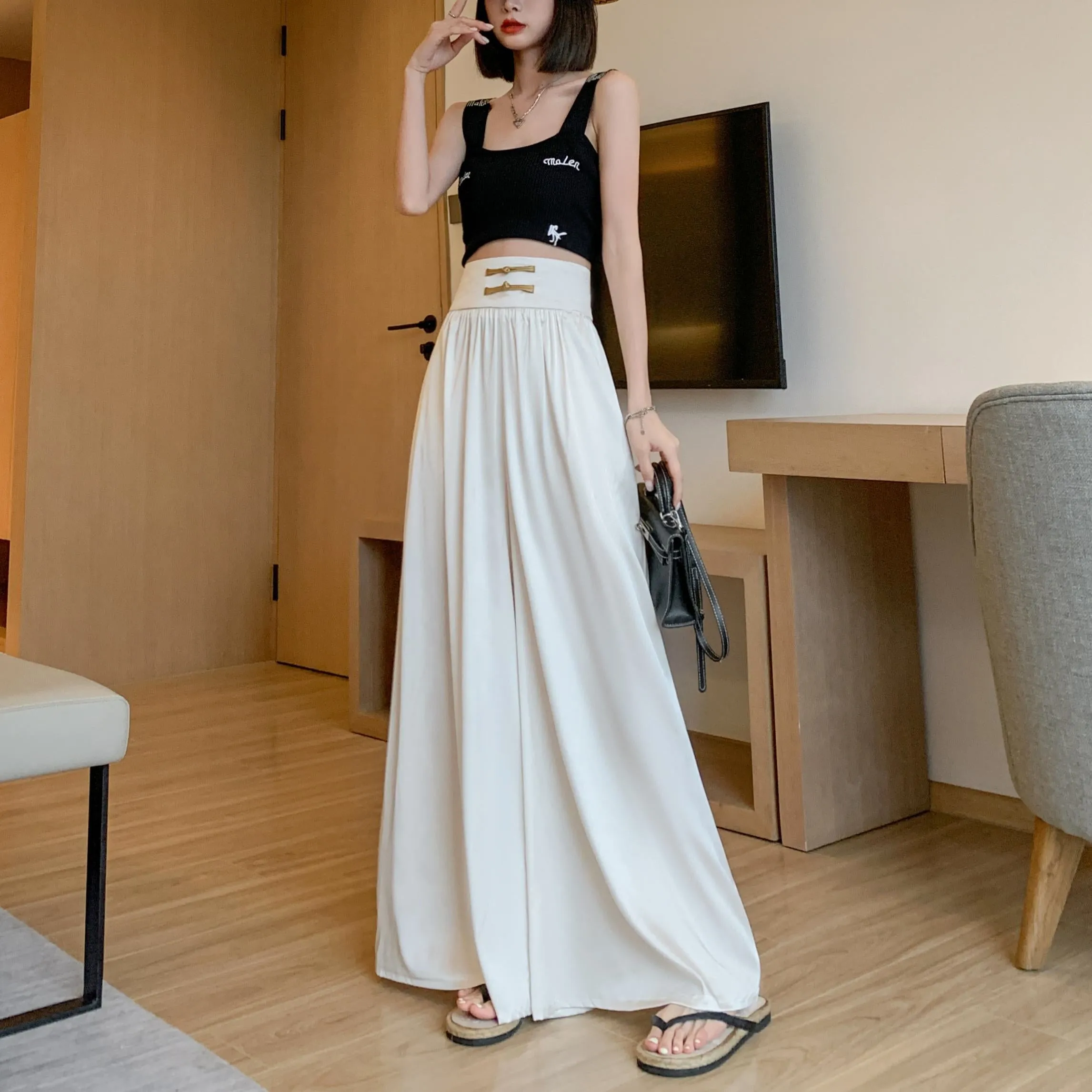 Loose Fit Floor-Length High-Waisted Thin Satin Finish Draping Flare Leg Pants