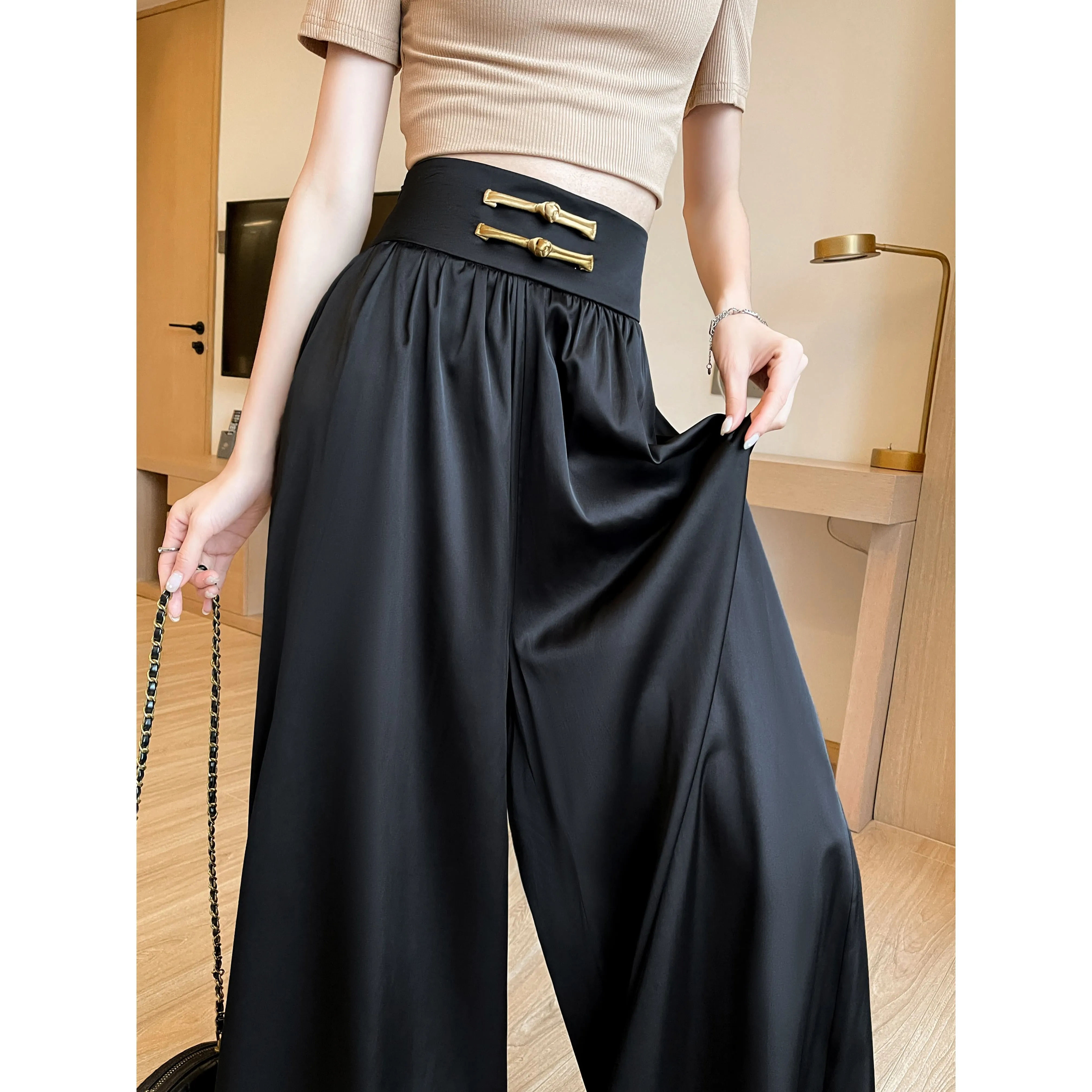 Loose Fit Floor-Length High-Waisted Thin Satin Finish Draping Flare Leg Pants