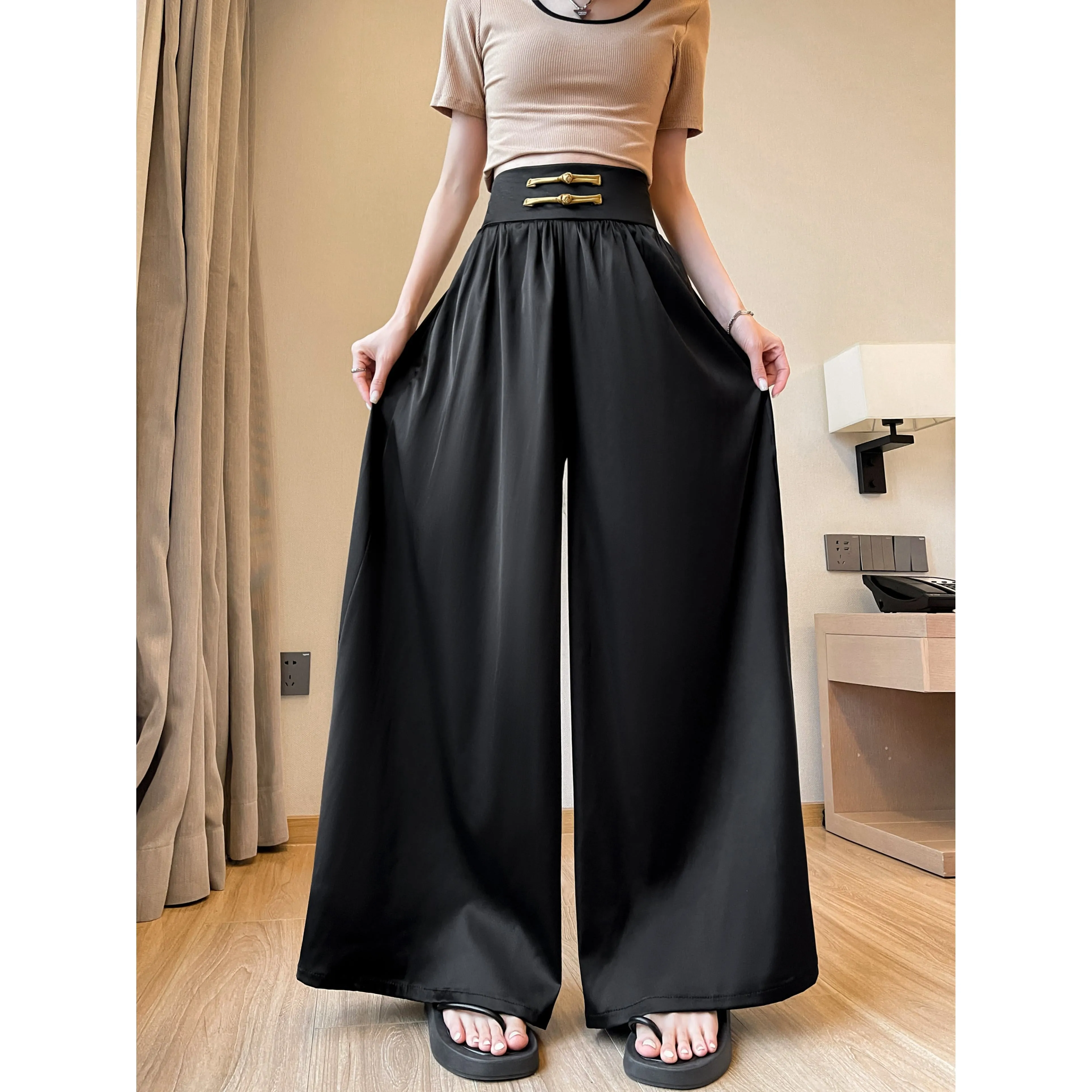 Loose Fit Floor-Length High-Waisted Thin Satin Finish Draping Flare Leg Pants