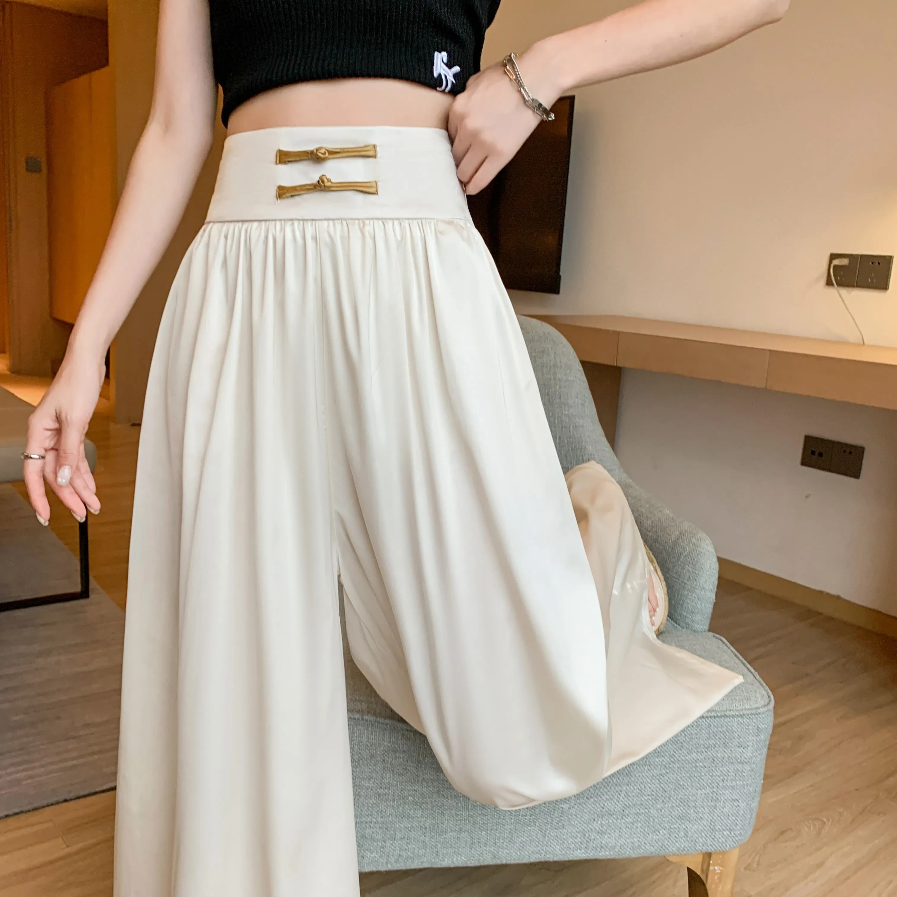 Loose Fit Floor-Length High-Waisted Thin Satin Finish Draping Flare Leg Pants