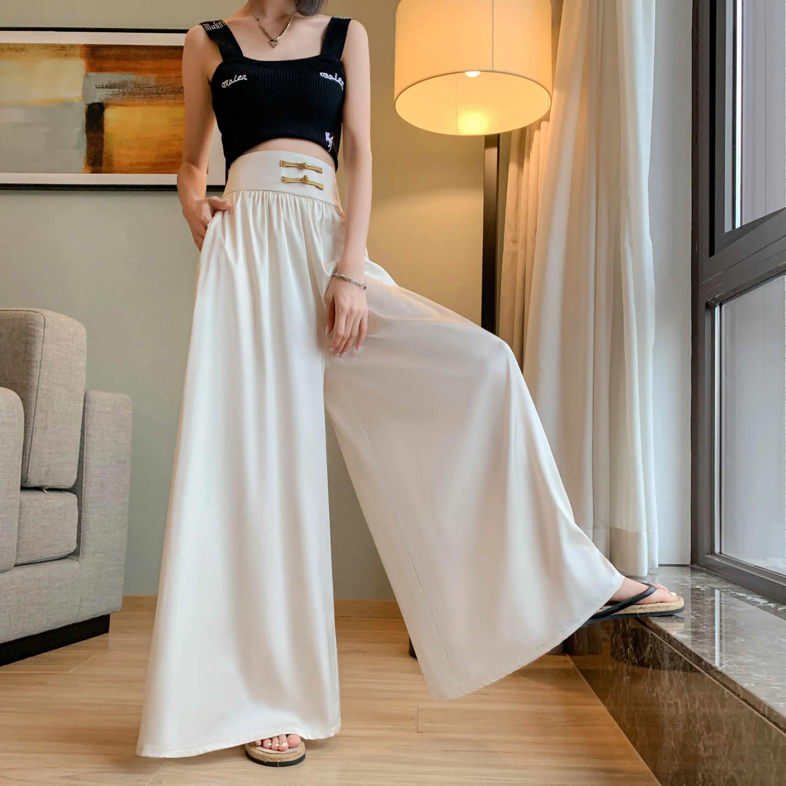 Loose Fit Floor-Length High-Waisted Thin Satin Finish Draping Flare Leg Pants