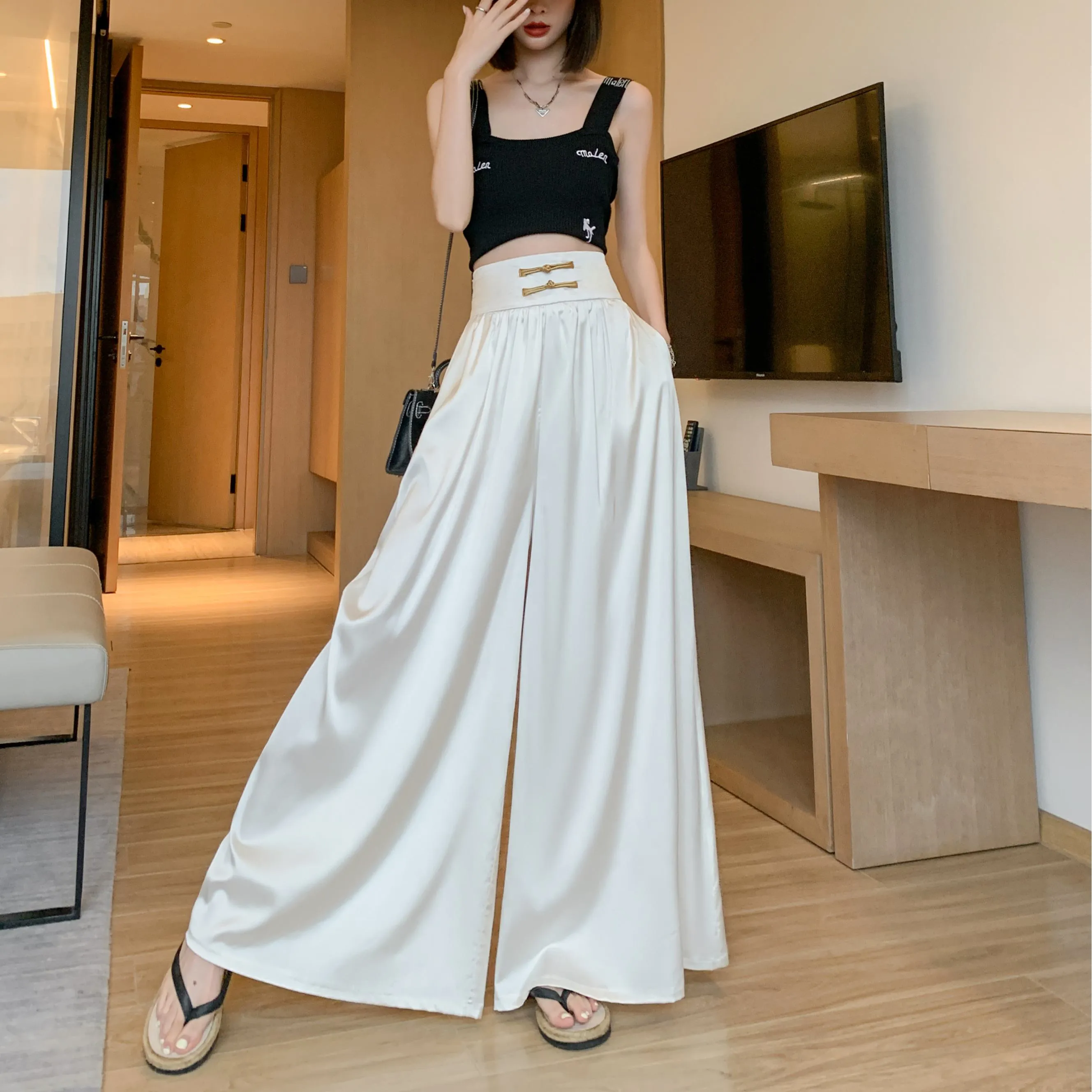 Loose Fit Floor-Length High-Waisted Thin Satin Finish Draping Flare Leg Pants