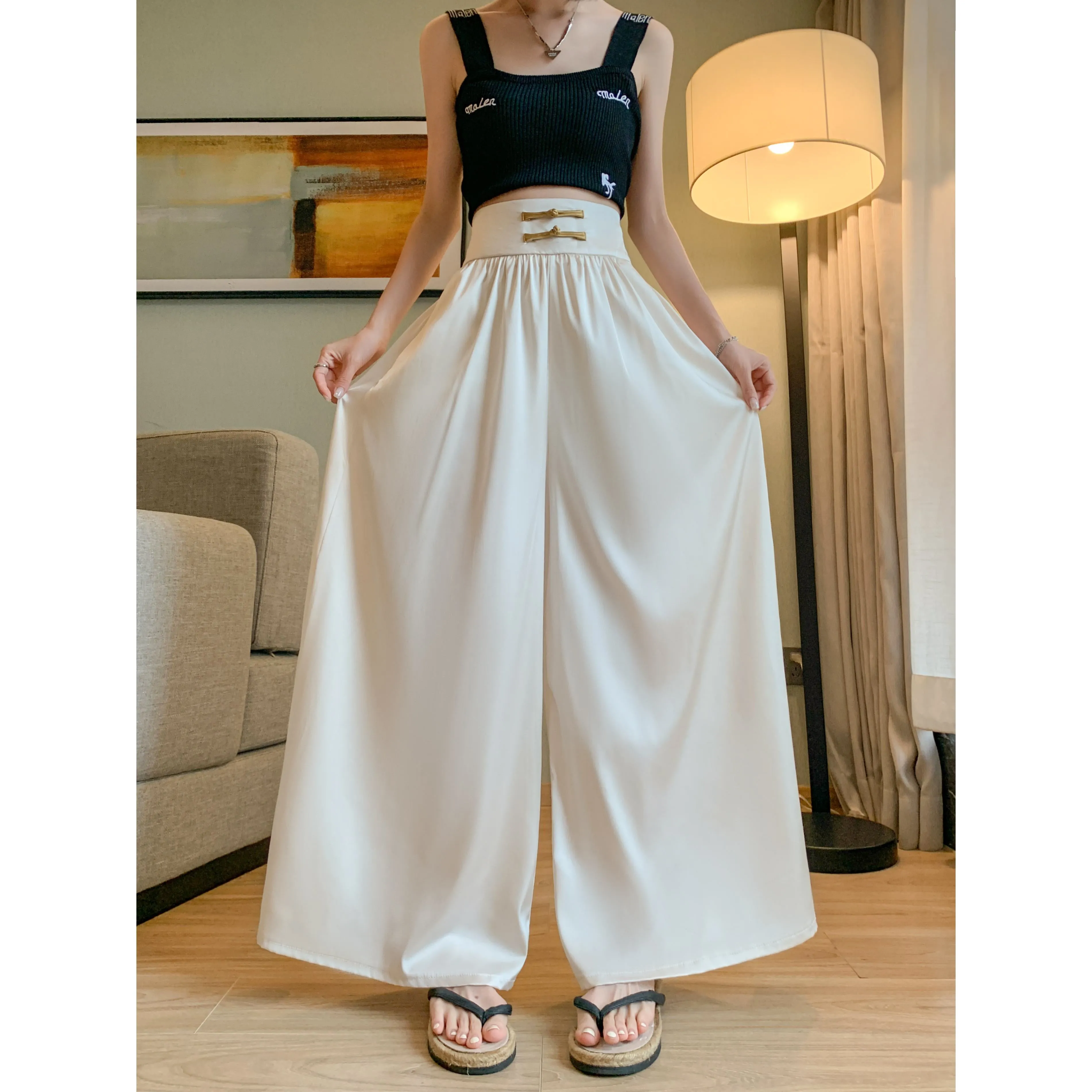 Loose Fit Floor-Length High-Waisted Thin Satin Finish Draping Flare Leg Pants