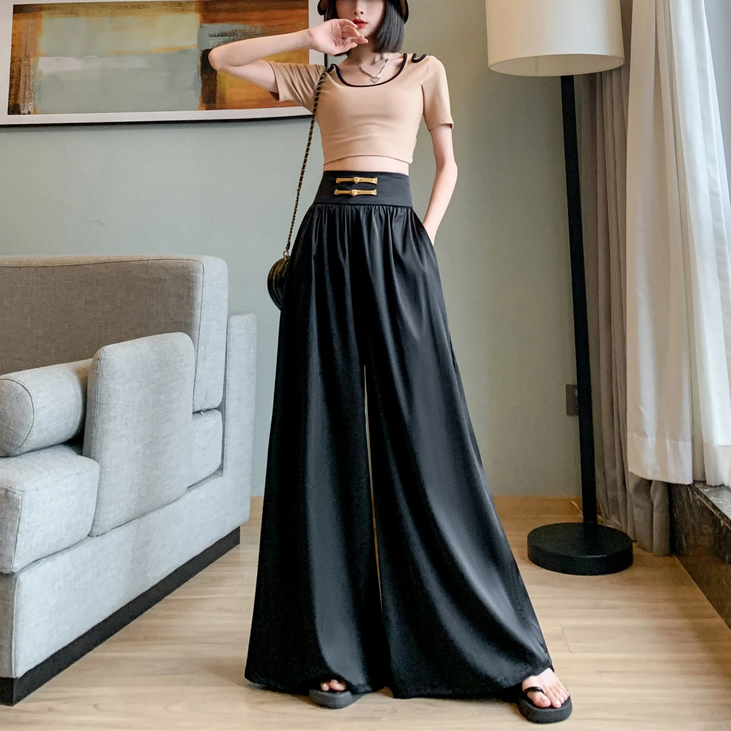 Loose Fit Floor-Length High-Waisted Thin Satin Finish Draping Flare Leg Pants