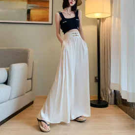 Loose Fit Floor-Length High-Waisted Thin Satin Finish Draping Flare Leg Pants