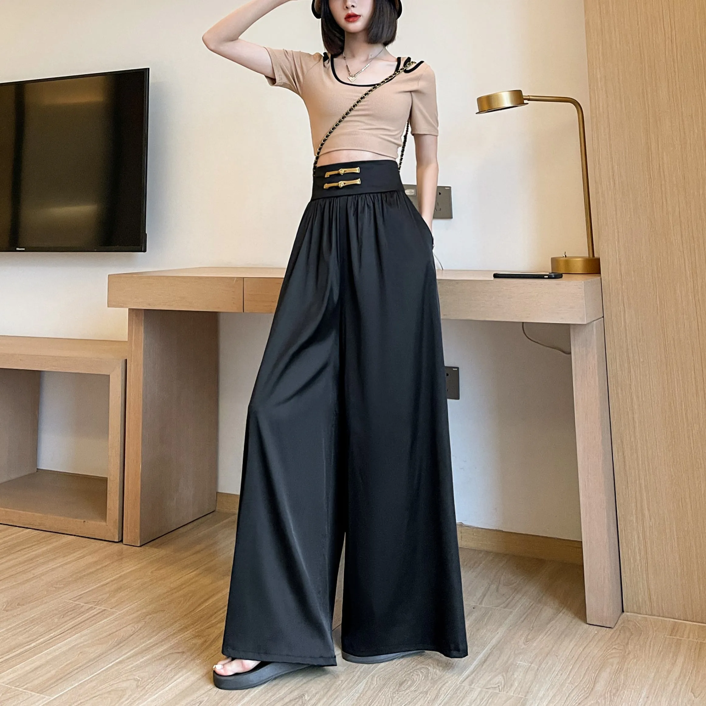 Loose Fit Floor-Length High-Waisted Thin Satin Finish Draping Flare Leg Pants