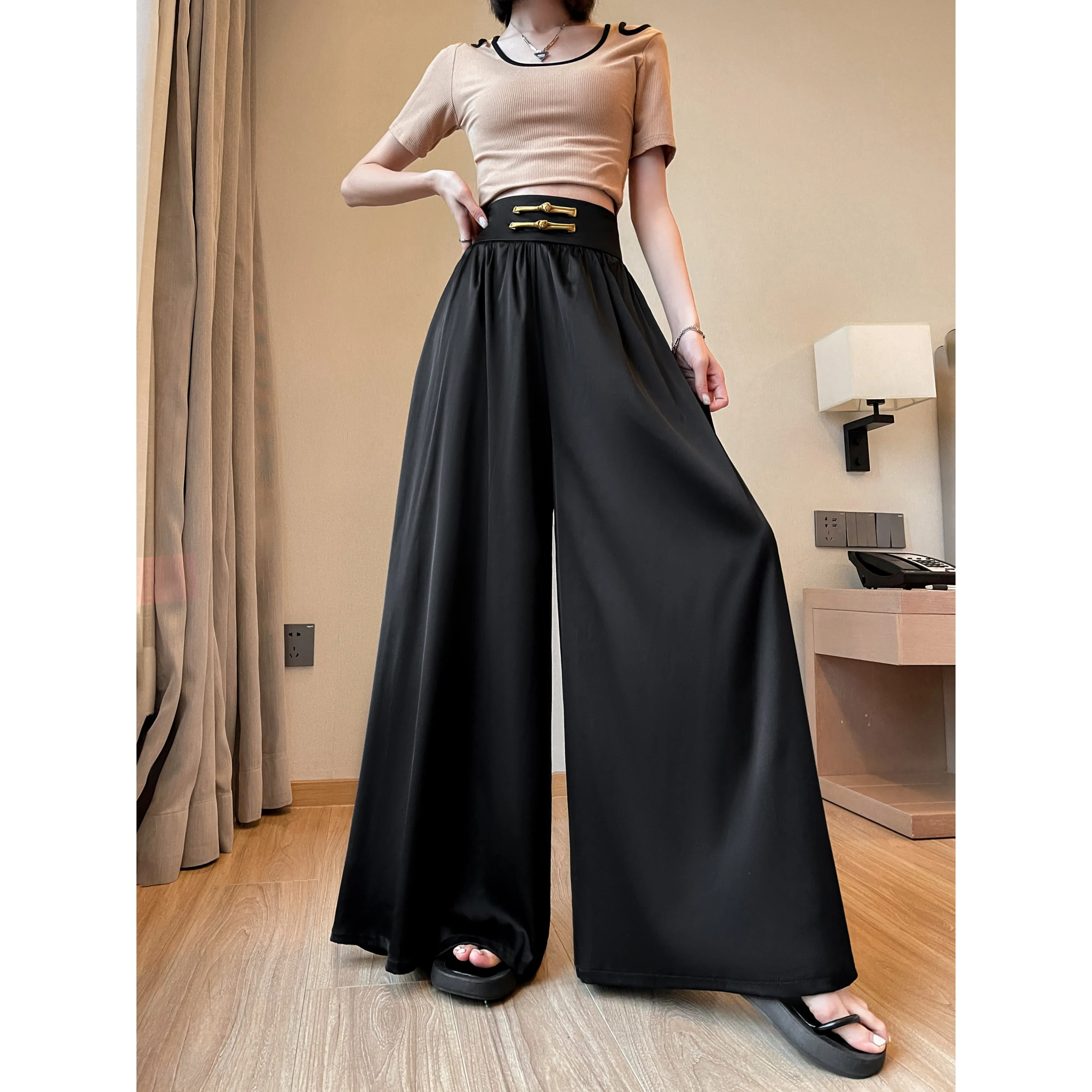 Loose Fit Floor-Length High-Waisted Thin Satin Finish Draping Flare Leg Pants