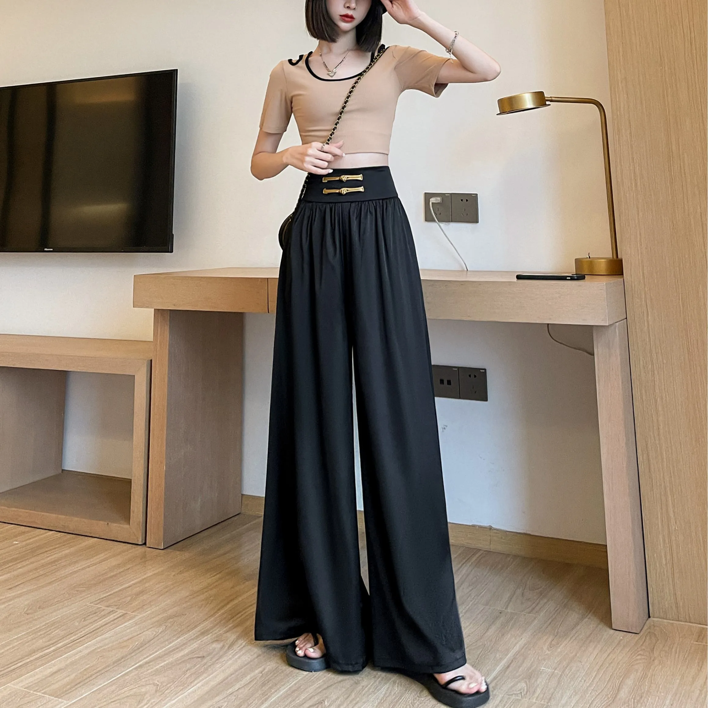 Loose Fit Floor-Length High-Waisted Thin Satin Finish Draping Flare Leg Pants