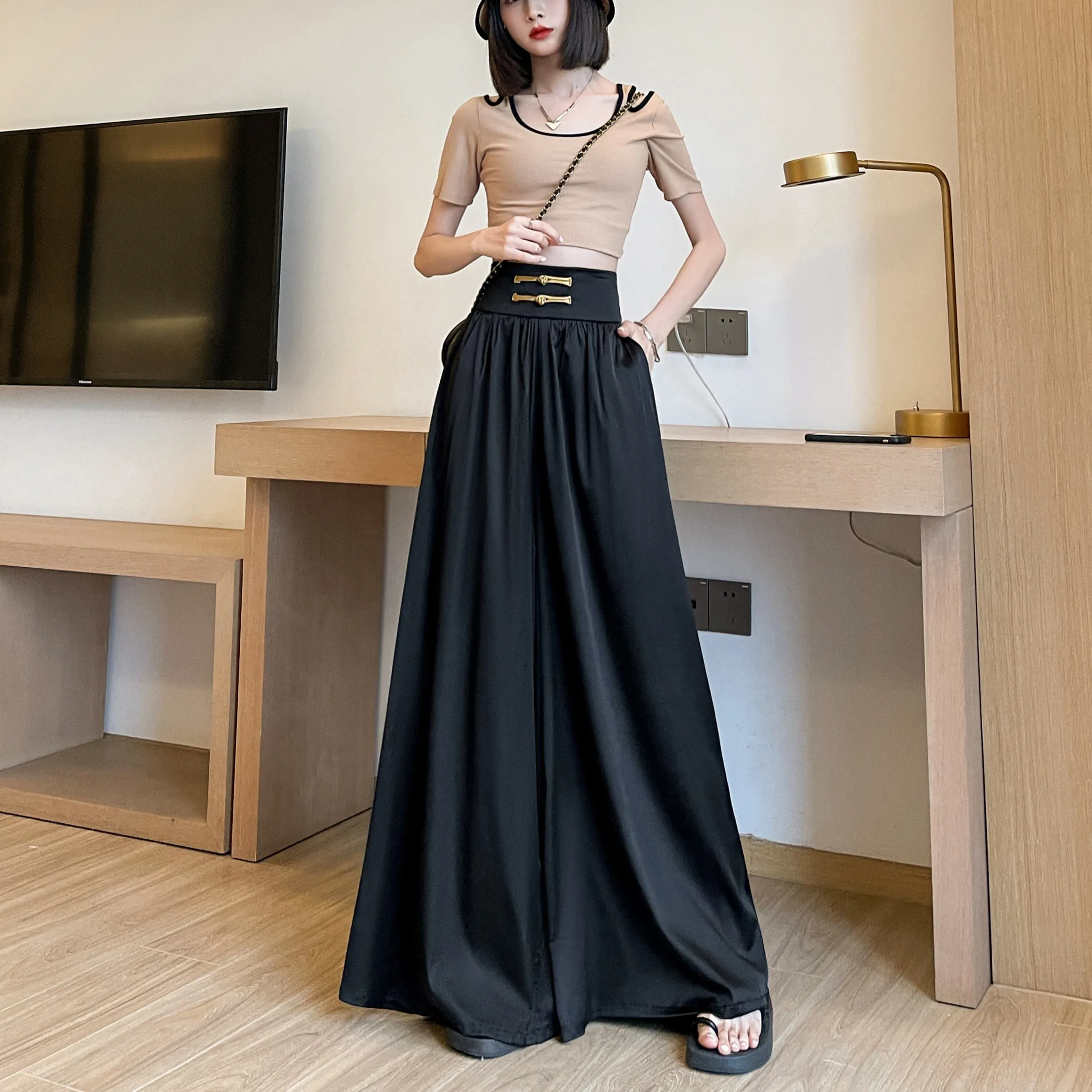 Loose Fit Floor-Length High-Waisted Thin Satin Finish Draping Flare Leg Pants