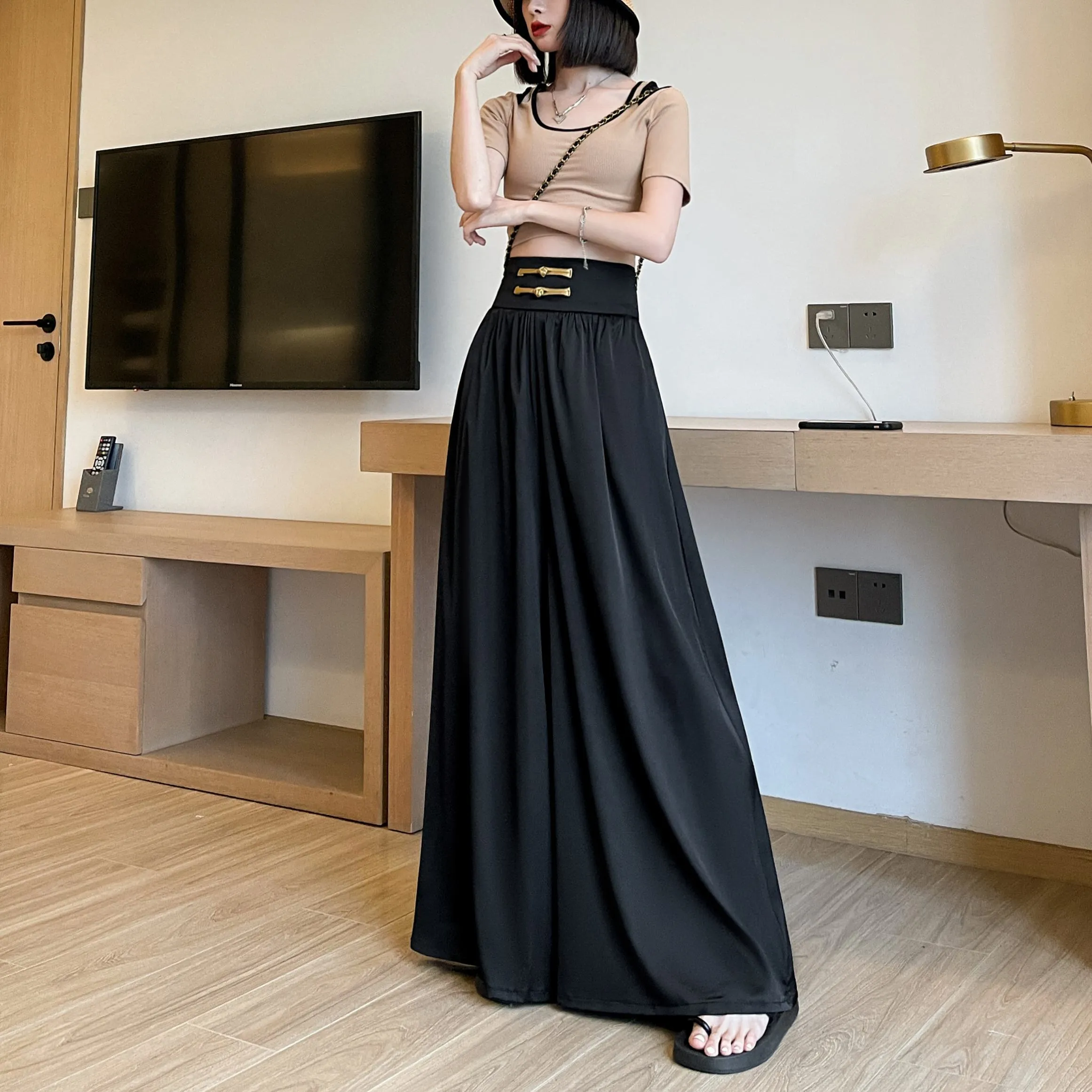 Loose Fit Floor-Length High-Waisted Thin Satin Finish Draping Flare Leg Pants