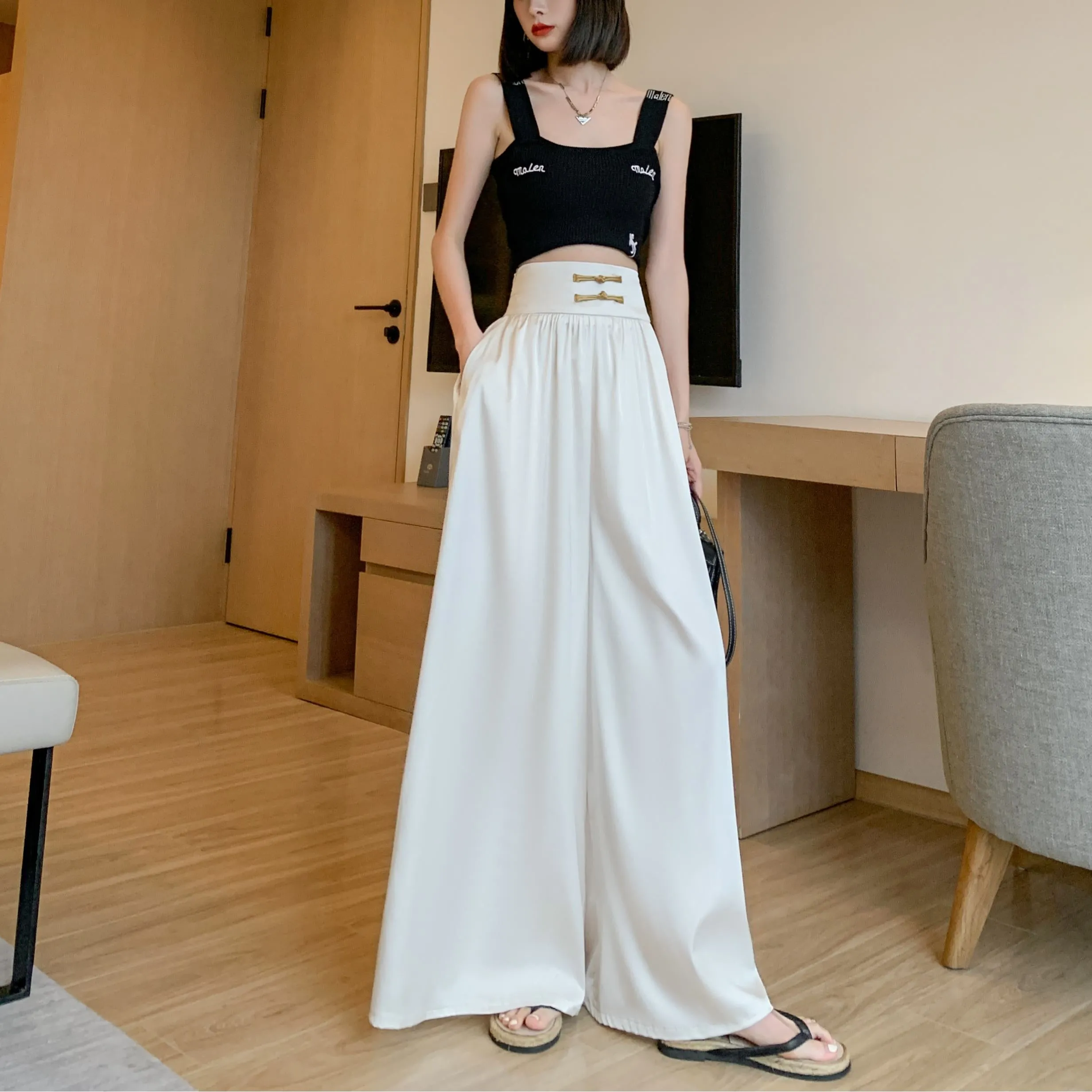 Loose Fit Floor-Length High-Waisted Thin Satin Finish Draping Flare Leg Pants