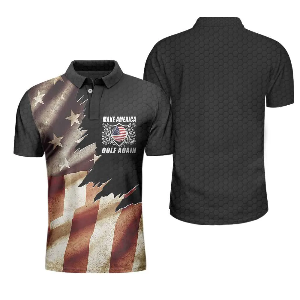 Make America Golf Again Custom Polo Shirt, Personalized Black Hornet Nest Pattern American Flag Golf Shirt For Men Coolspod