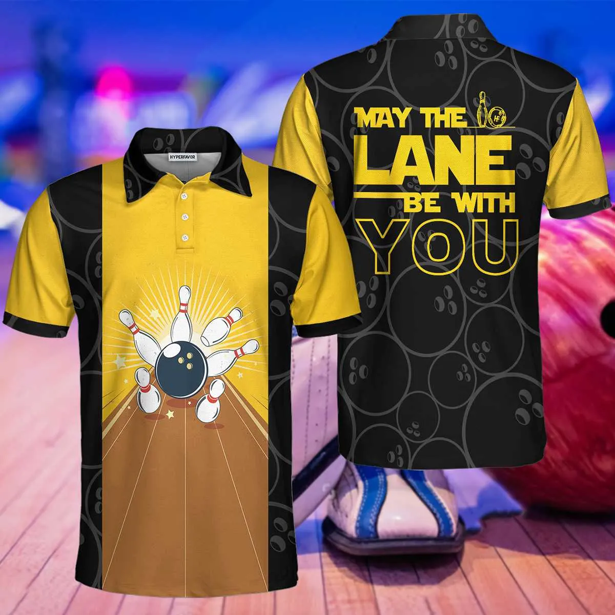 May The Lane Be With You Polo Shirt, Black And Yellow Bowling Ball Pattern Shirt, Funny Sayings Shirt Coolspod