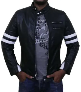 Men Genuine Lambskin Black Leather White Stripped Jacket Slim fit Biker Motorcycle Design jacket