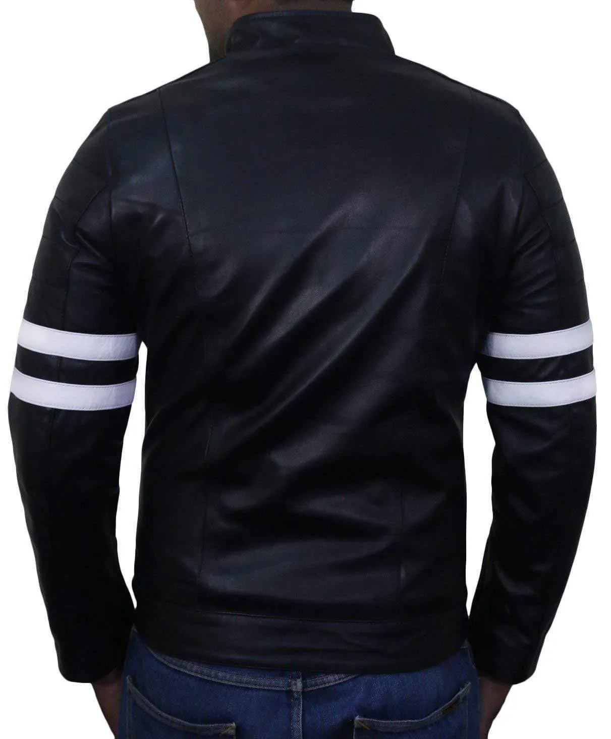 Men Genuine Lambskin Black Leather White Stripped Jacket Slim fit Biker Motorcycle Design jacket