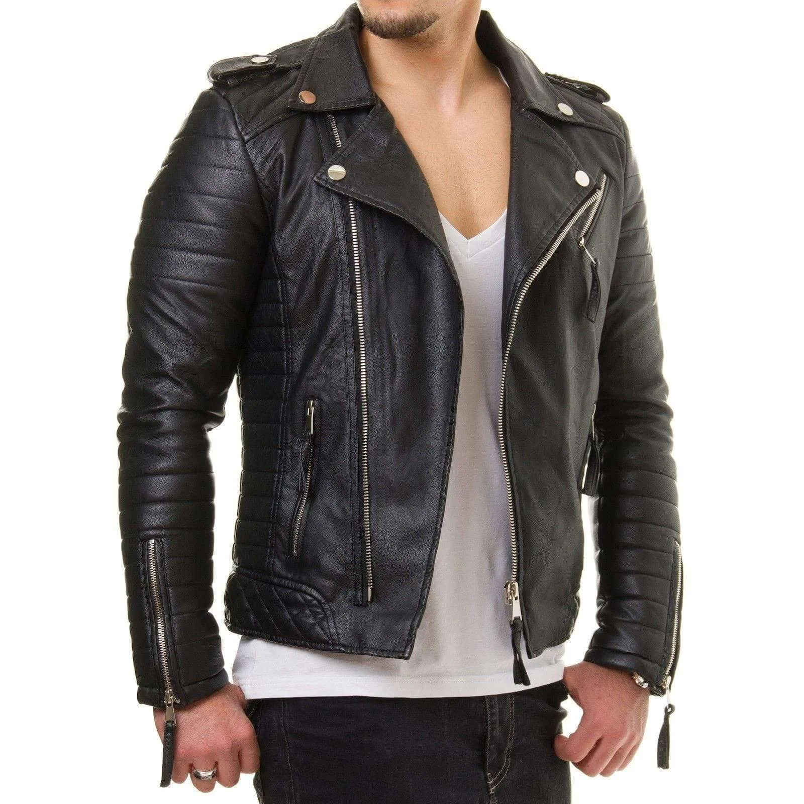 Men Motorcycle Genuine Lambskin Leather Jacket Black Slim fit Biker jacket